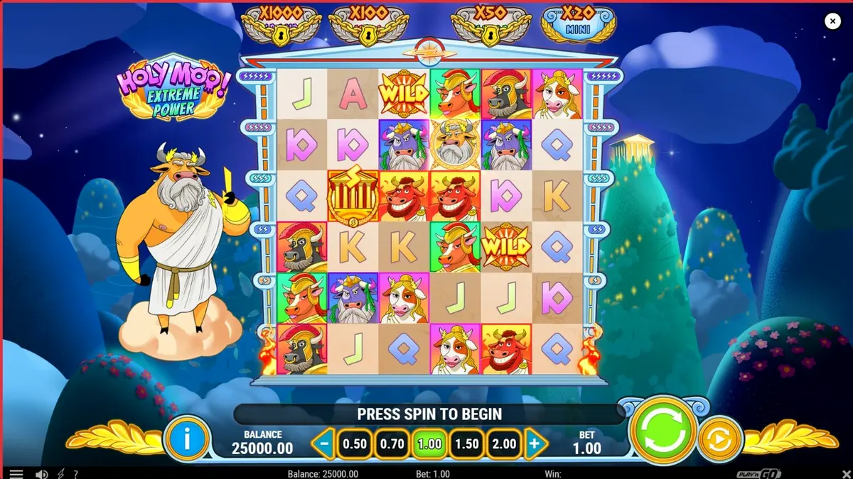 Tampilan visual slot Holy Moo! Extreme Power dengan karakter sapi dewa yang lucu